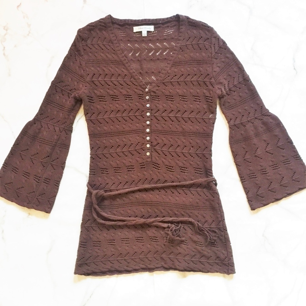 Beth Bowley Crochet Knit Tie Waist Bell Sleeve Sweater Top